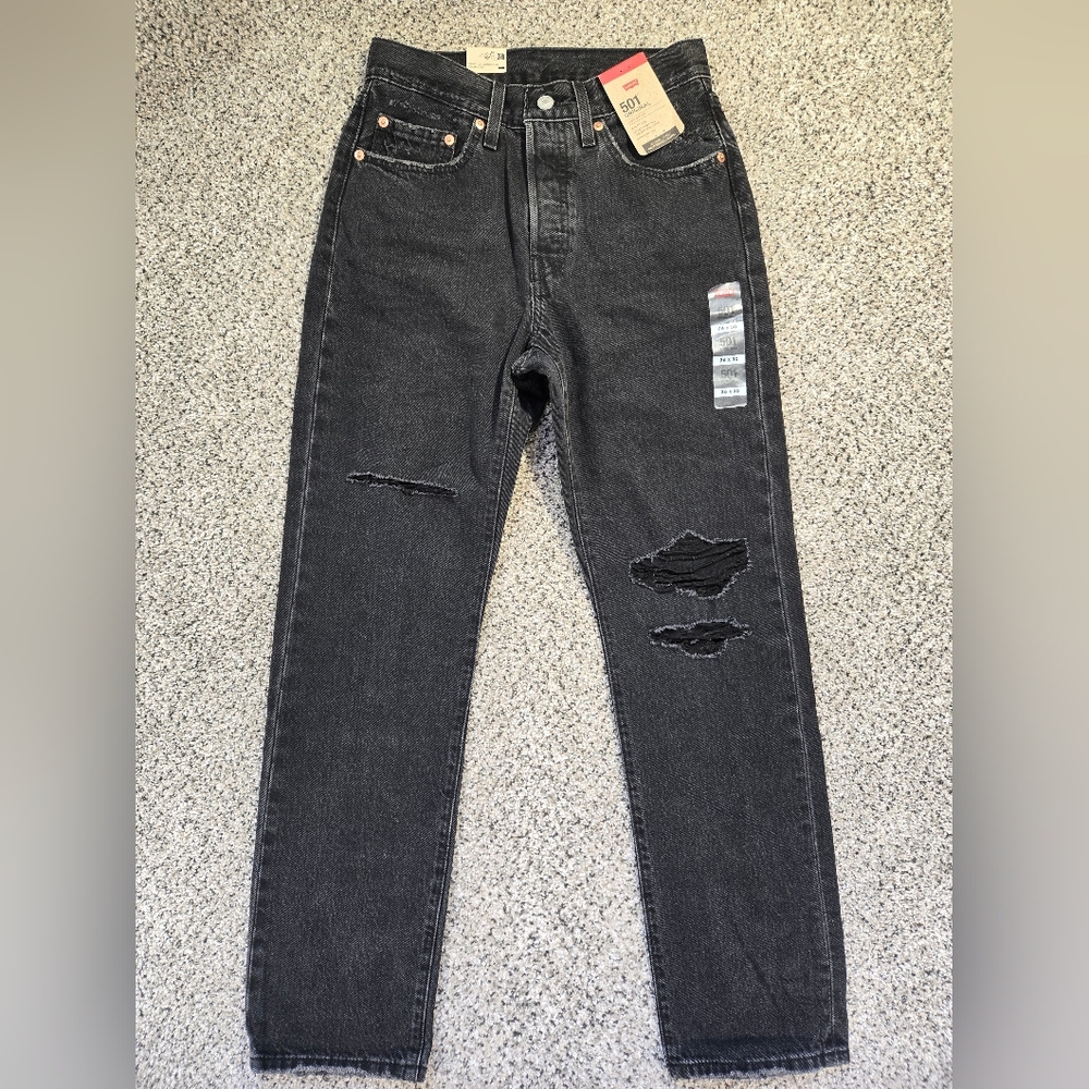 Levi's 501 Straight Leg Jeans 26x30 Black Destressed High Rise Womens NWT Button